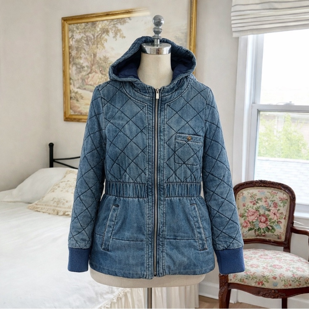 Vintage 90s Y2K Chambray Denim Quilted Jacket Cinched Waist Hooded Zip Up Womens